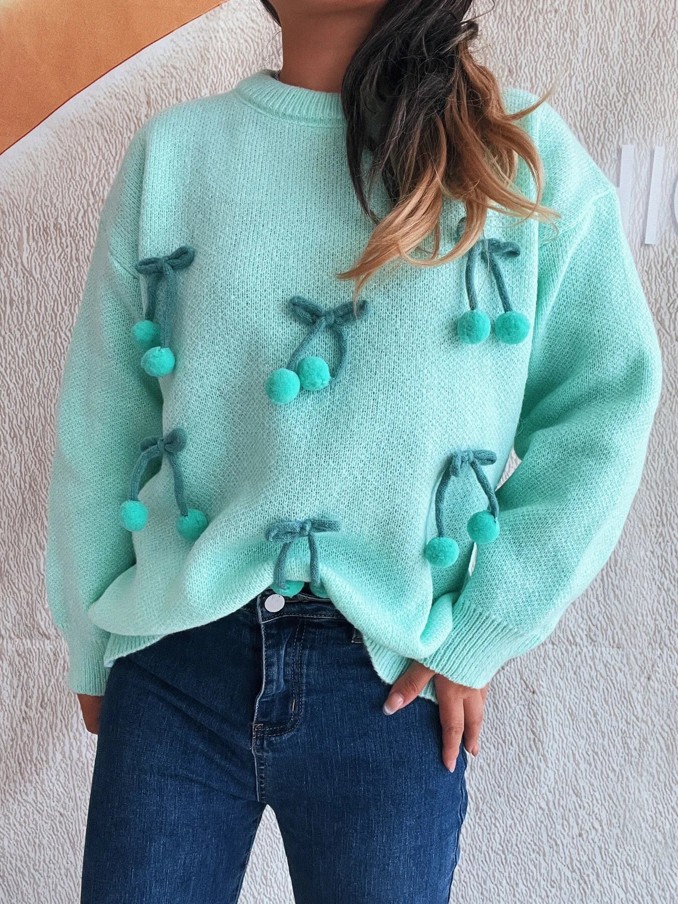 Cherry Round Neck Long Sleeve Sweater