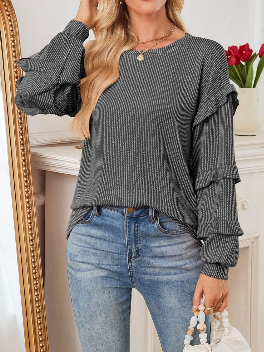 Ruffle Trim Long Sleeve Blouse