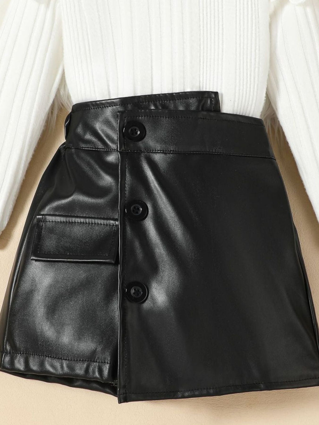Children's Ribbed Knit Top and Leather Skirt Set
