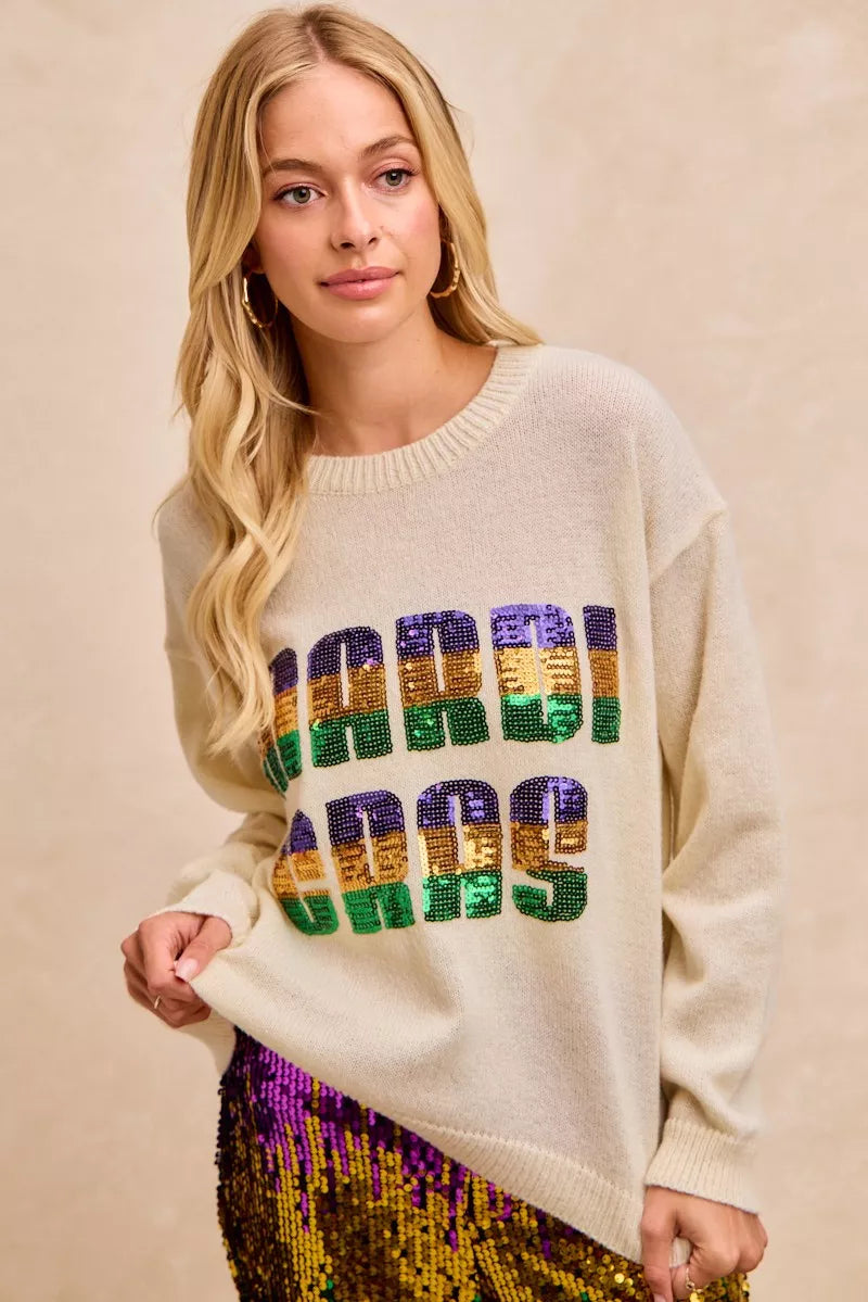BiBi Mardi Gras Sequin Lattering Knit Top