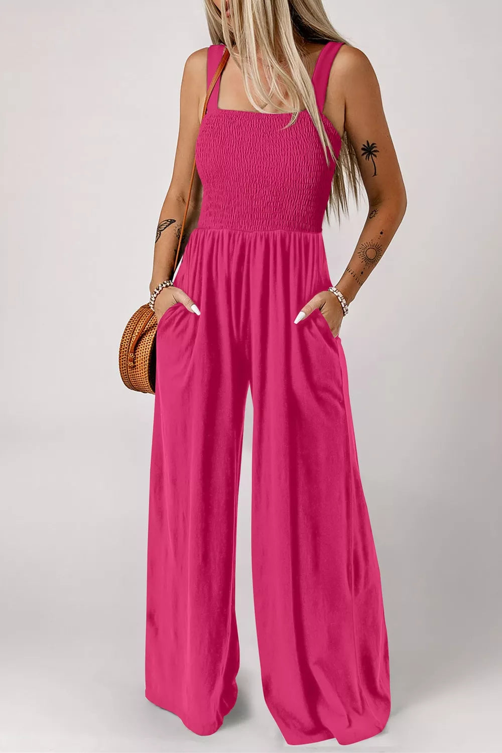 Smocked Bodice Wide Leg Jumpsuit