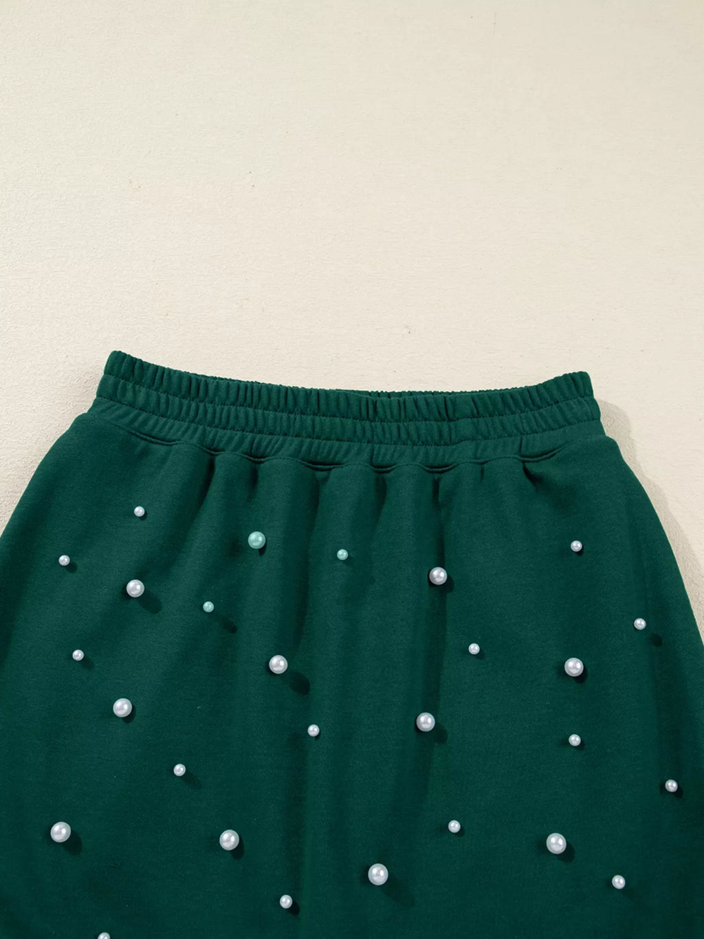 Pearl Embellished Drop Shoulder Pullover Elastic Waist Mini Skirt Set