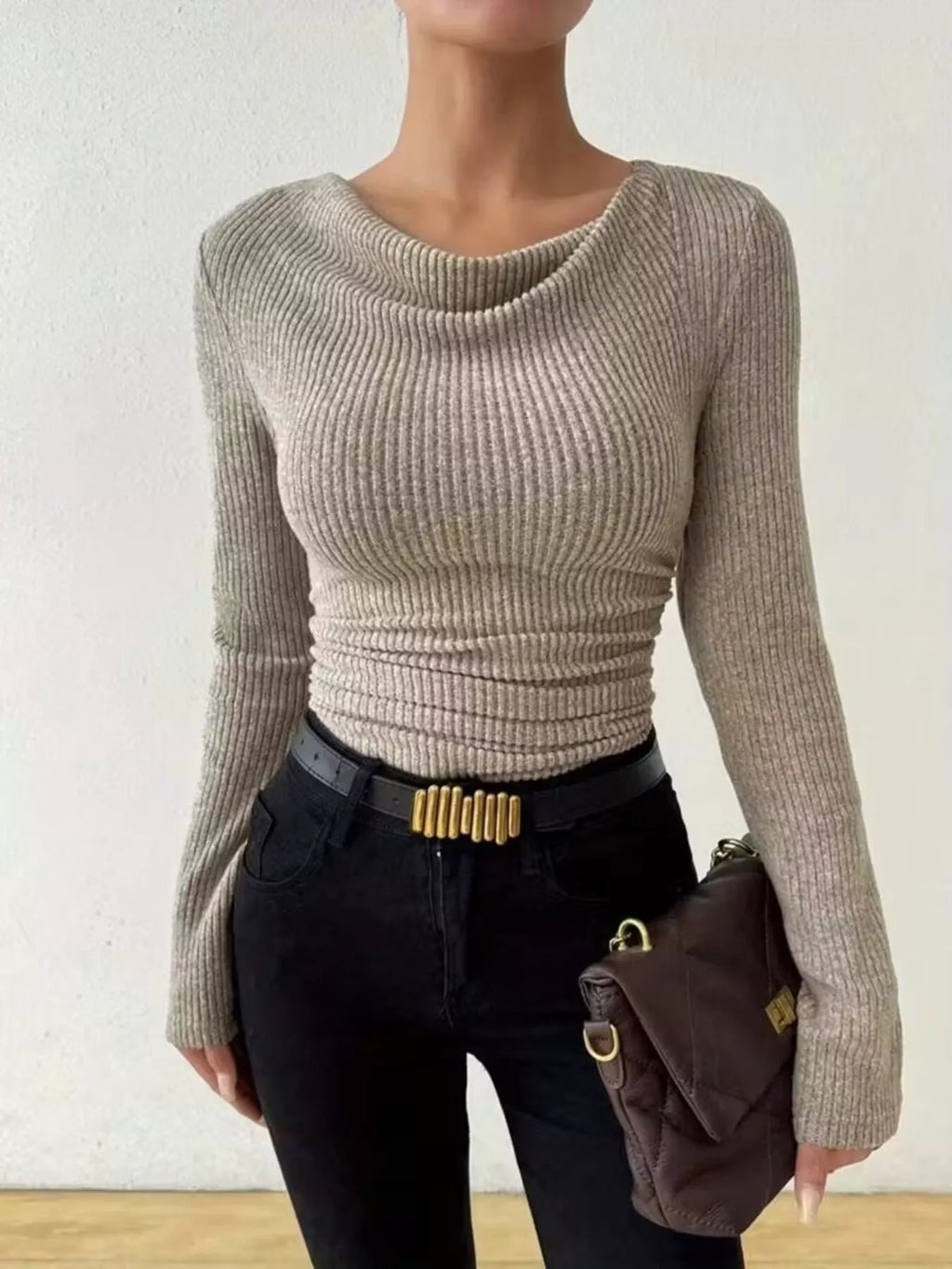 Cowl Neck Ribbed Knit Top