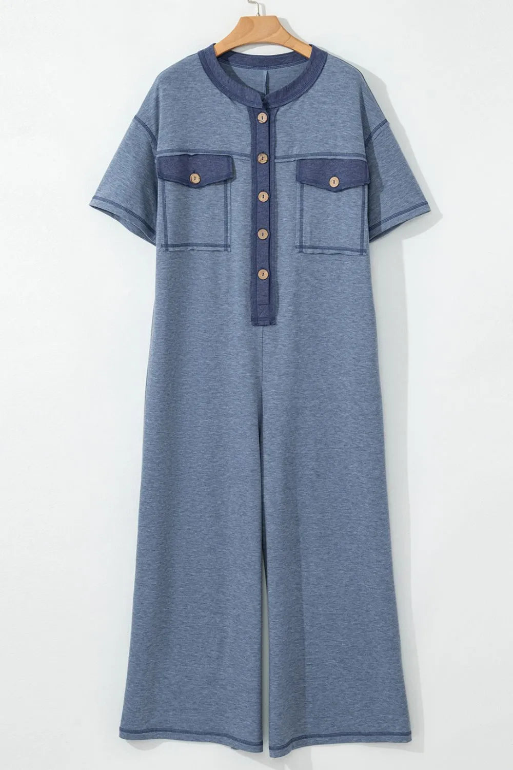 Placket Chest Pockets Short Sleeve Wide Leg Jumpsuit