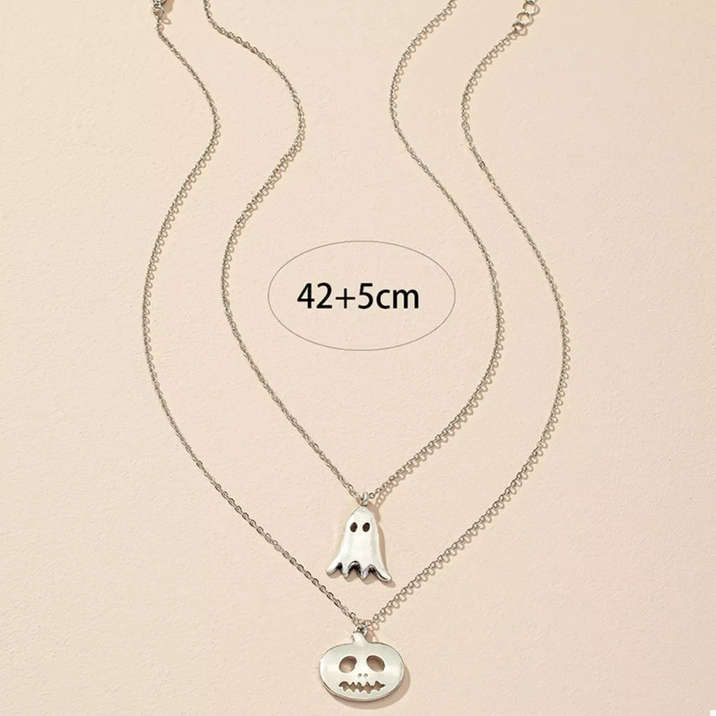 2 Piece Halloween Ghost & Pumpkin Pendant Necklace