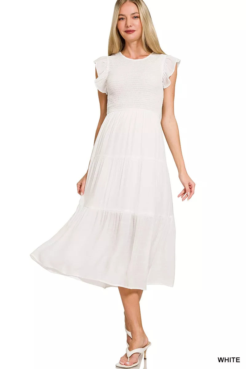 Zenana Woven Smocked Ruffle Sleeve Midi Dress