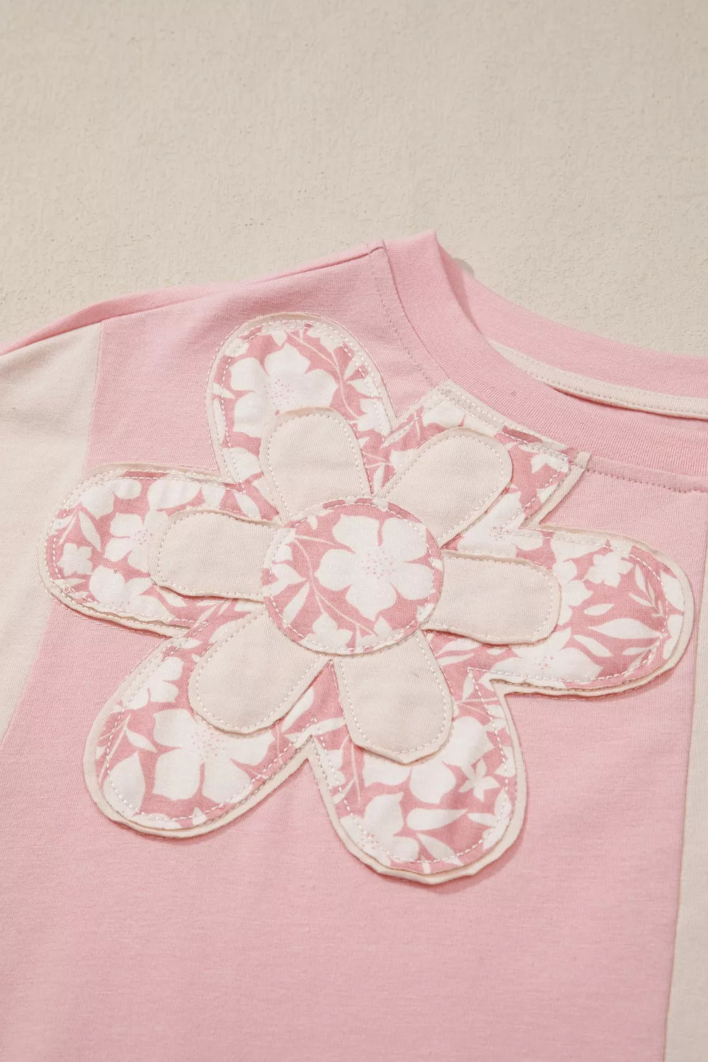 Color Block Flower Patched Loose T Shirt