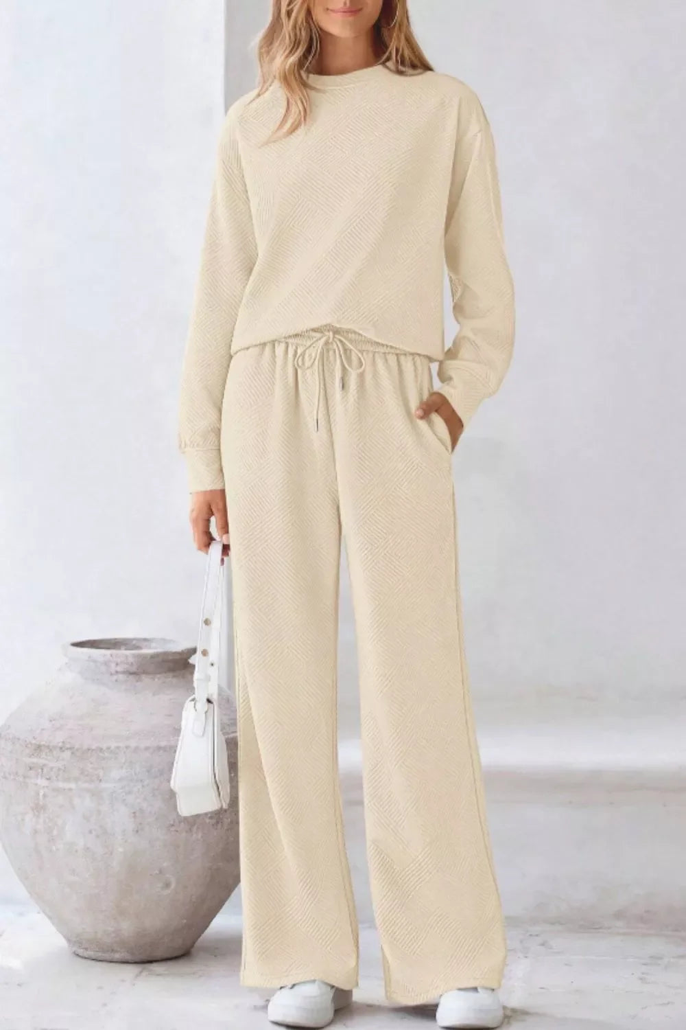 Round Neck Long Sleeve Top and Pants Set