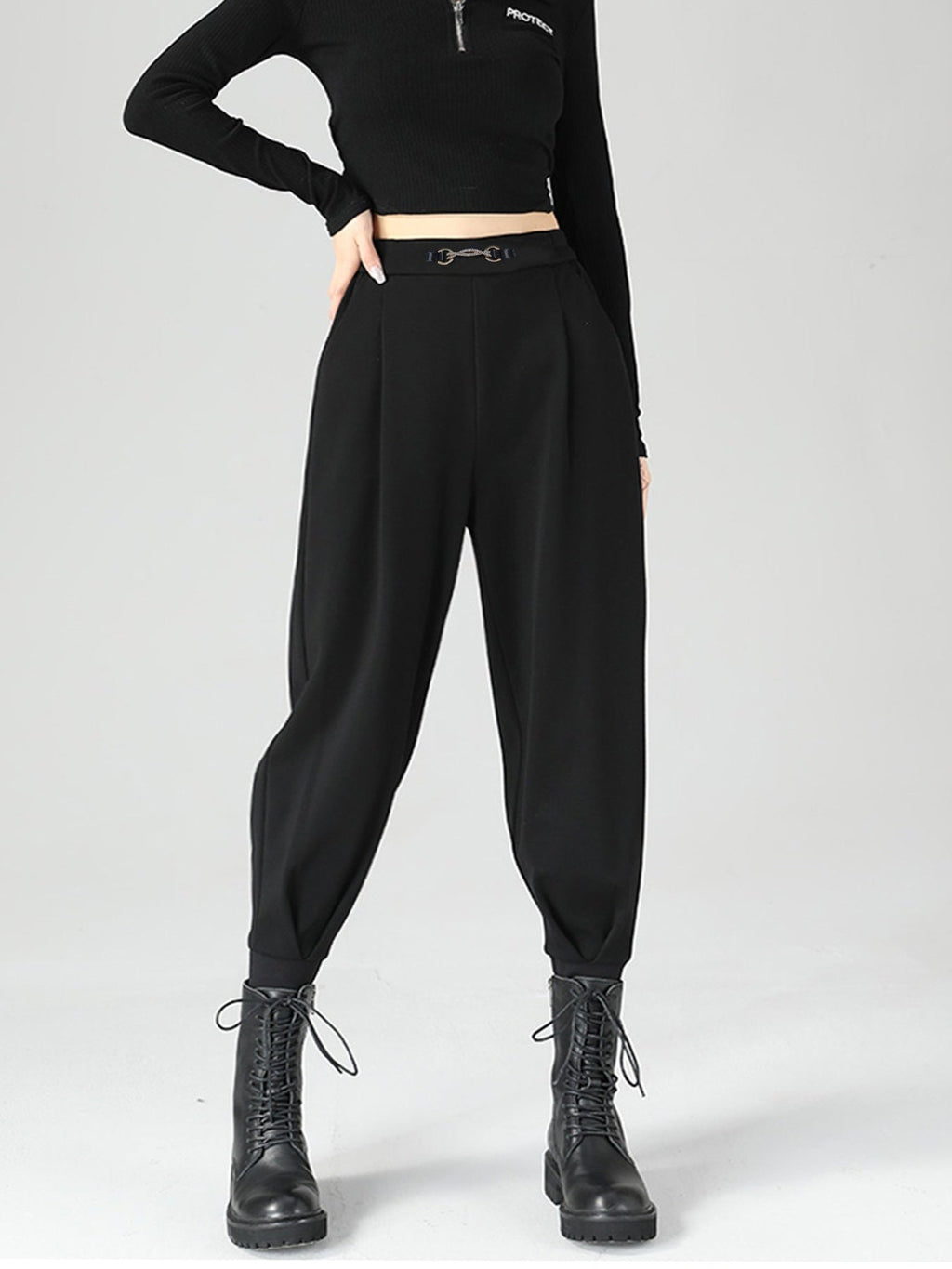 High-Waisted Buckle Detail Tapered Pants