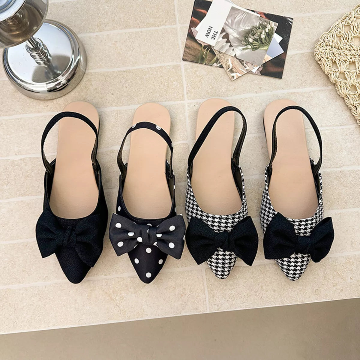 Bow-Decorated Pointed-Toe Slingback Sandals