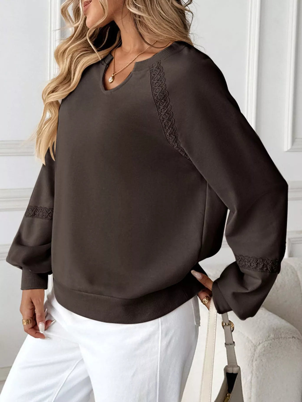 Notched Raglan Sleeve Sweatshirt