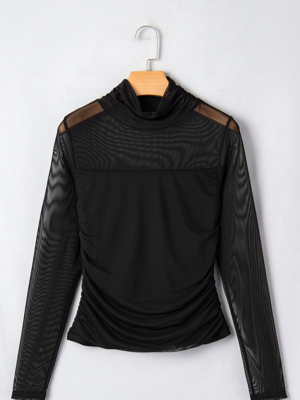 Sheer Mesh Patchwork High Neck Long Sleeve Top