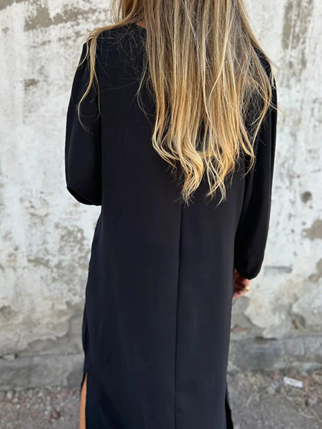 Full Size Slit V-Neck Balloon Sleeve Midi Dress Plus Size