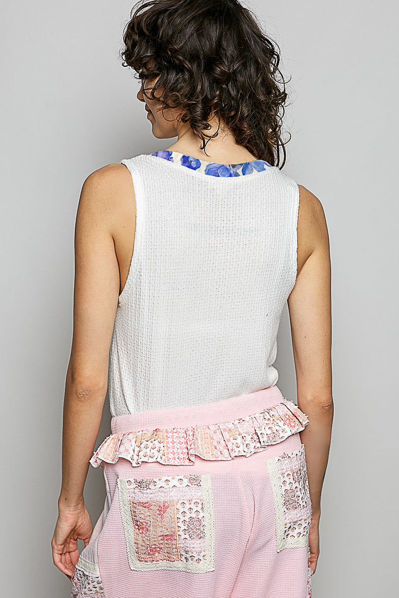 POL Ribbed V-Neck Tank with Contrast Floral Neckband