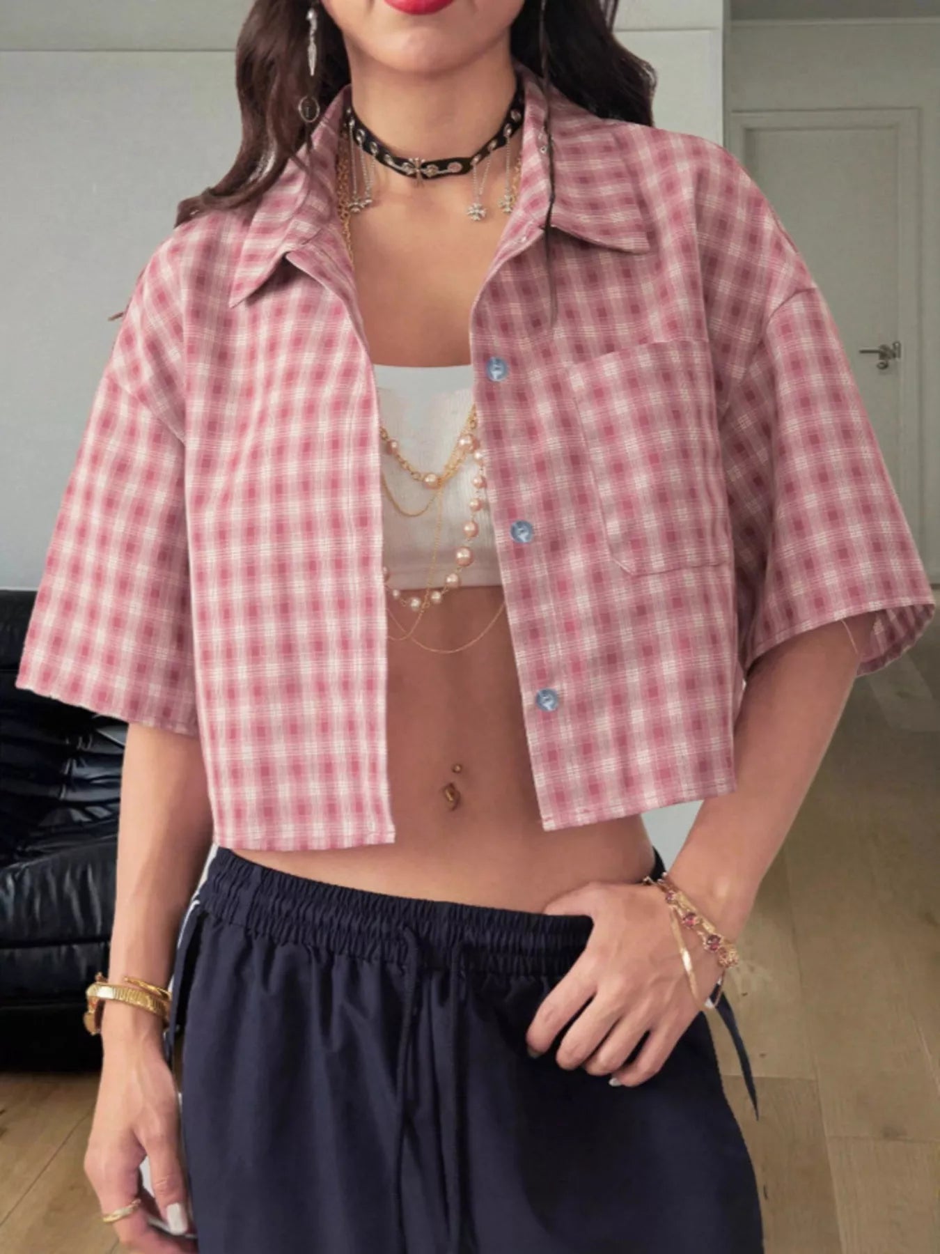 Plaid Button Up Cropped Shirt
