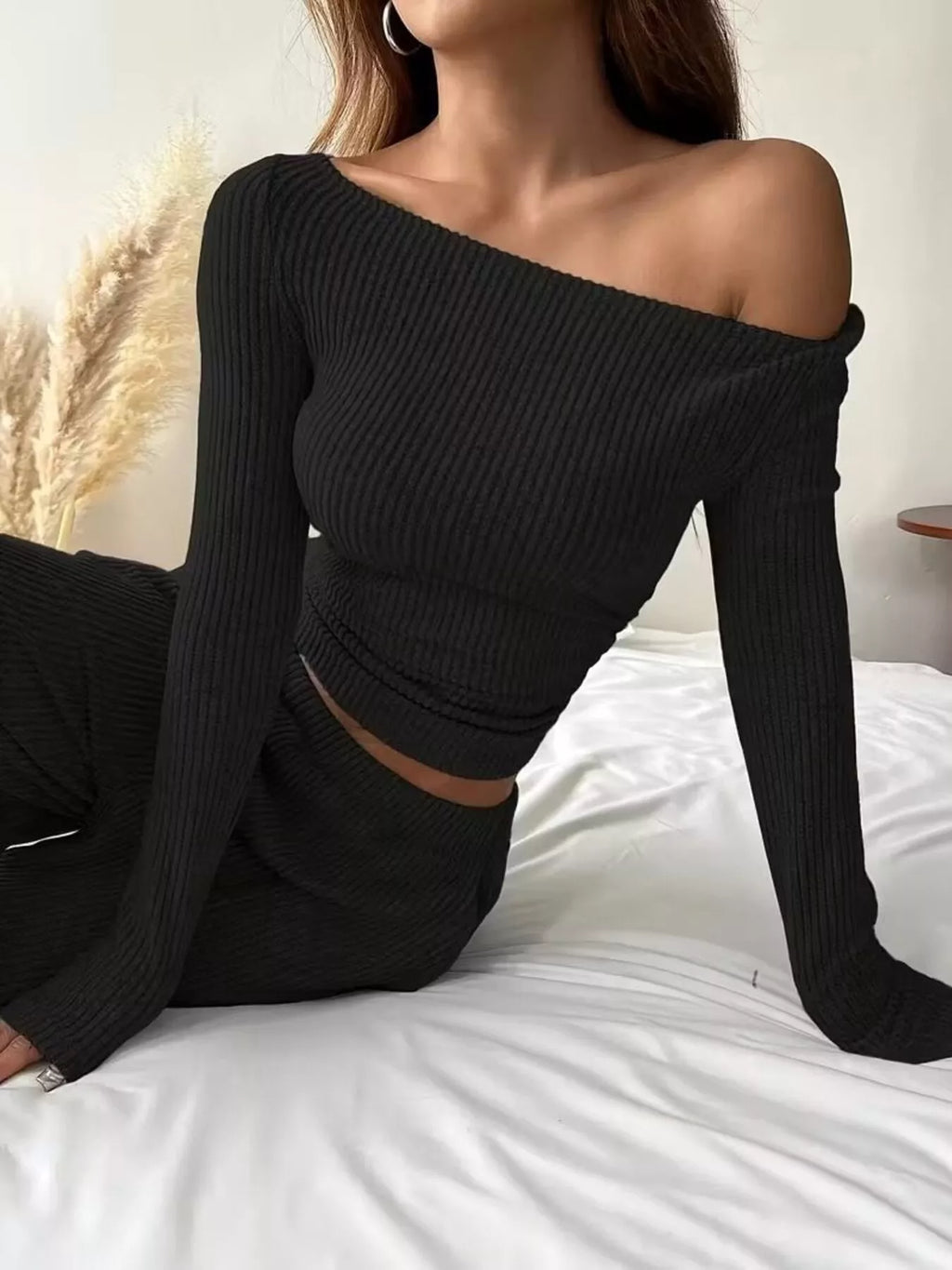 Ribbed Knit Boat Neck Top and Pants Set