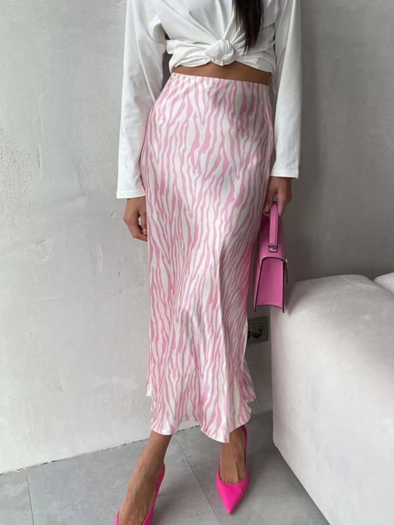 Satin Zebra Print Midi Skirt