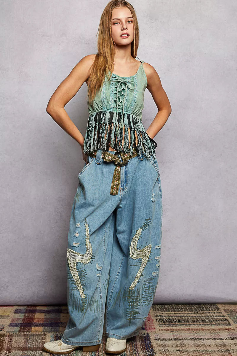 POL Lace-Up Fringe Hem Tank with Lace Detail