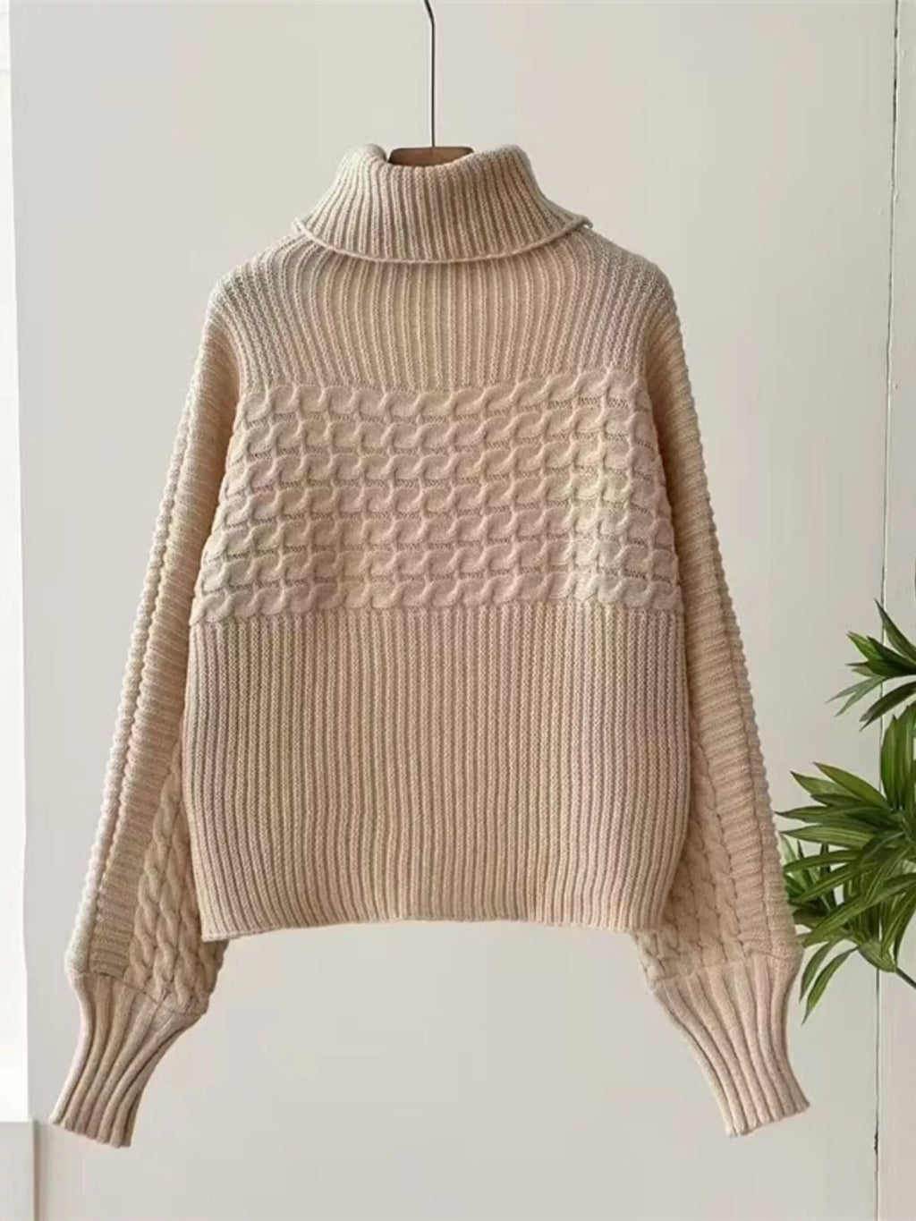Textured Knit Turtleneck Long Sleeve Sweater