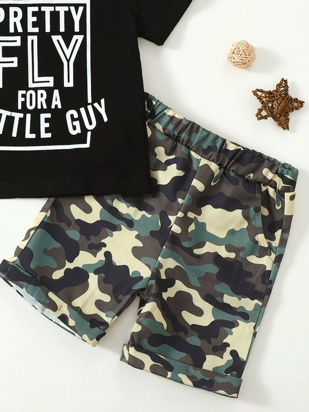 Children's Letter Graphic Tee and Camouflage Shorts Set