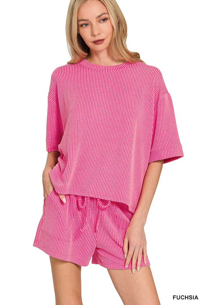 Zenana Raised Rib Short Sleeve Tee and Drawstring Shorts Set