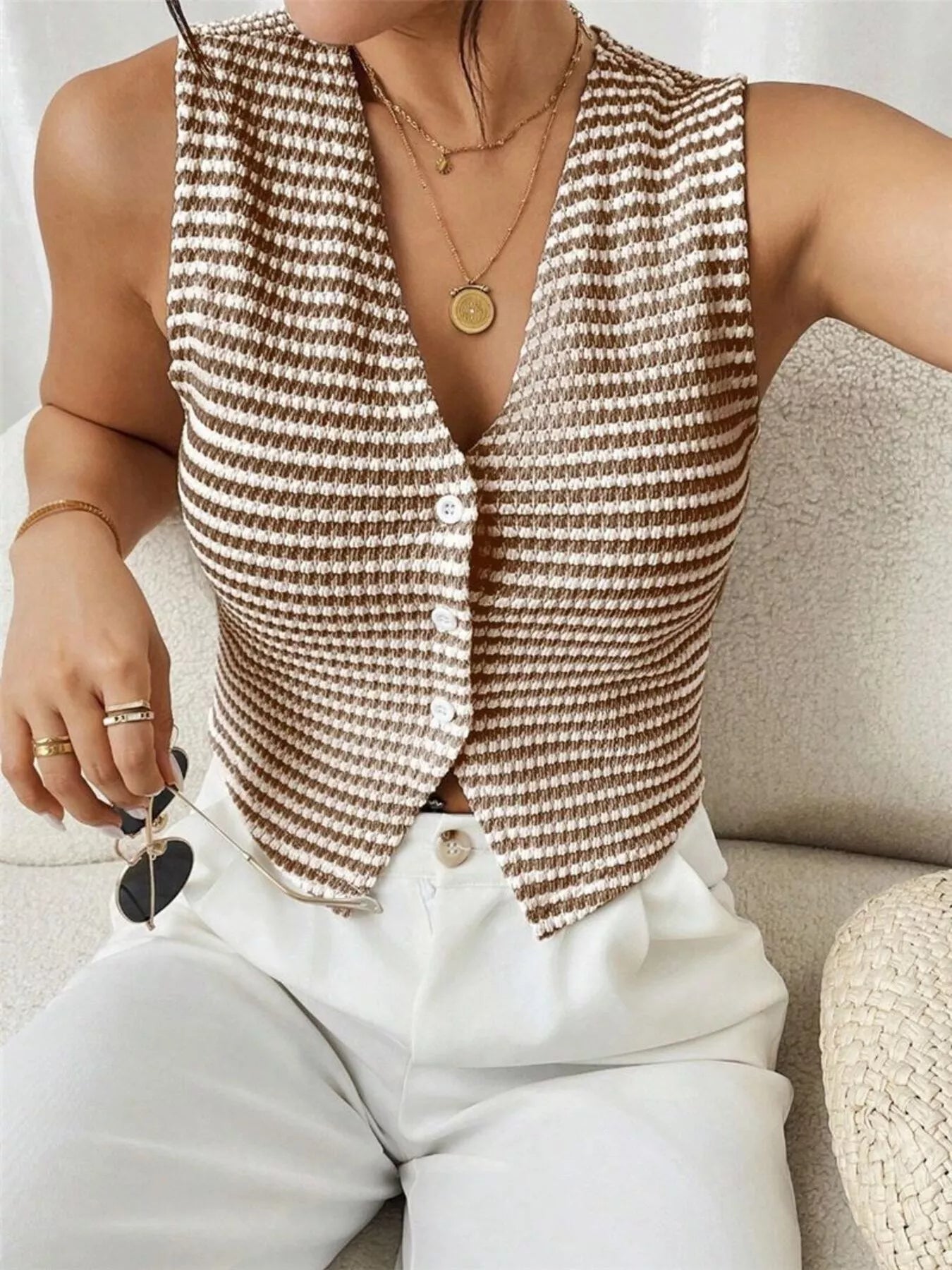 Striped Knit V-Neck Vest