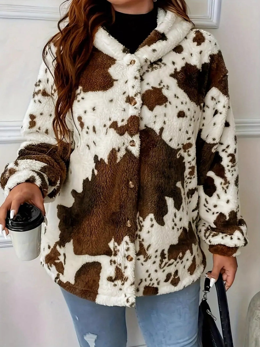 Cow Print Plush Hooded Outerwear