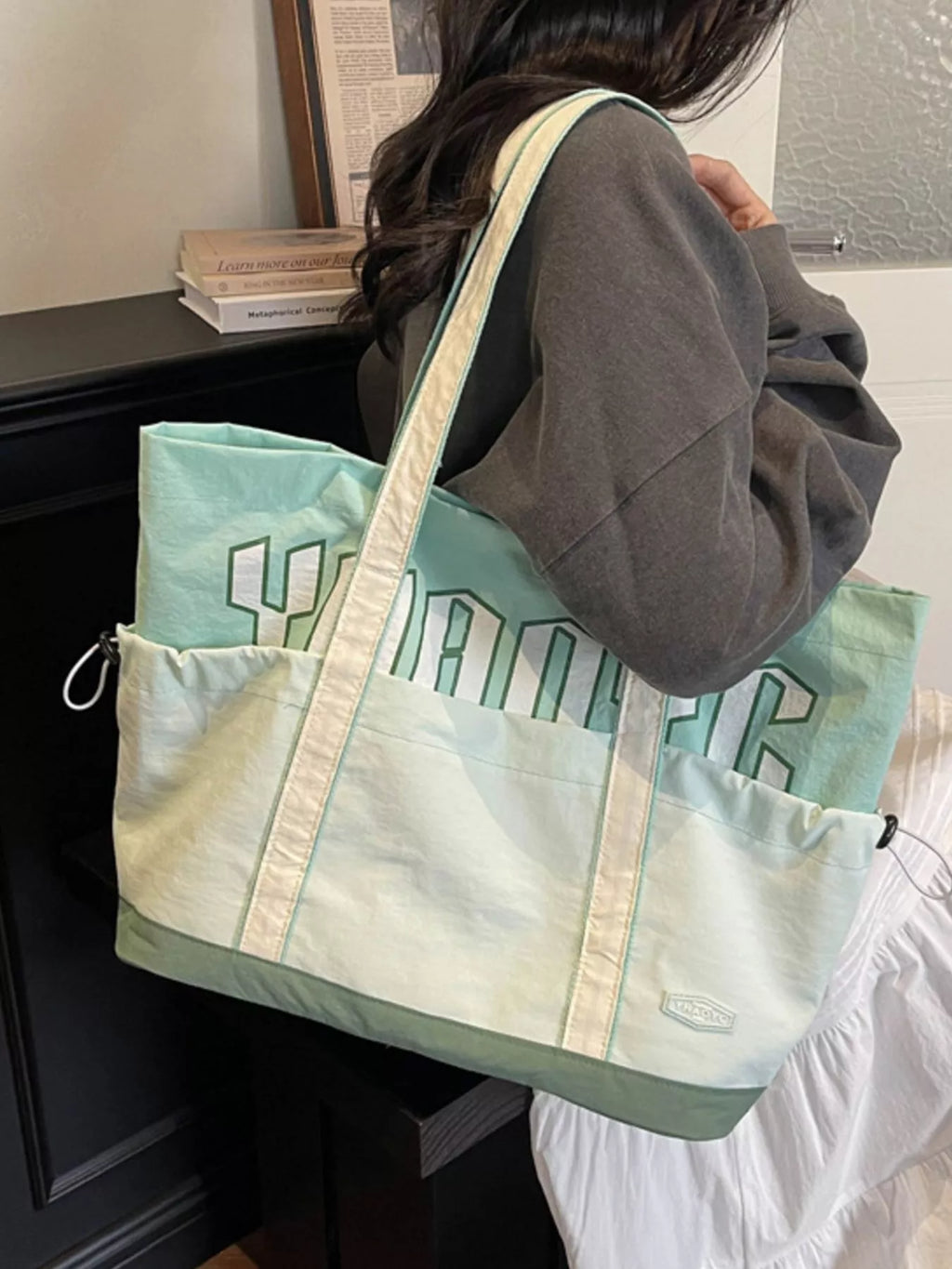 Drawstring Letter Shoulder Bag