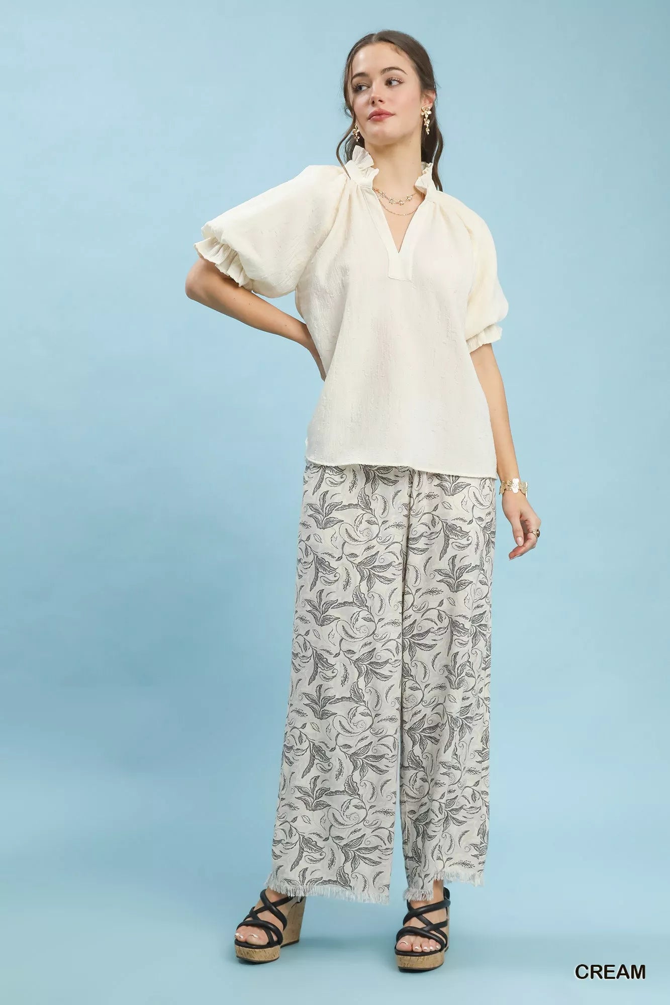 Umgee Textured Puff Sleeve Split Neck Top