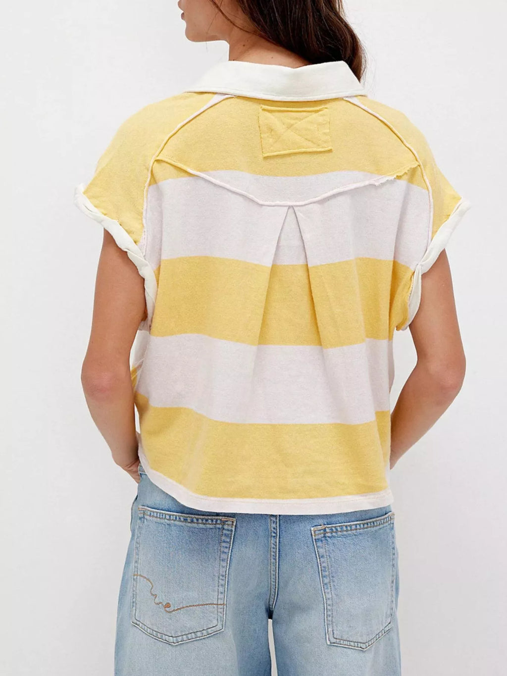 Half Button Striped Short Sleeve Cropped Polo Shirt