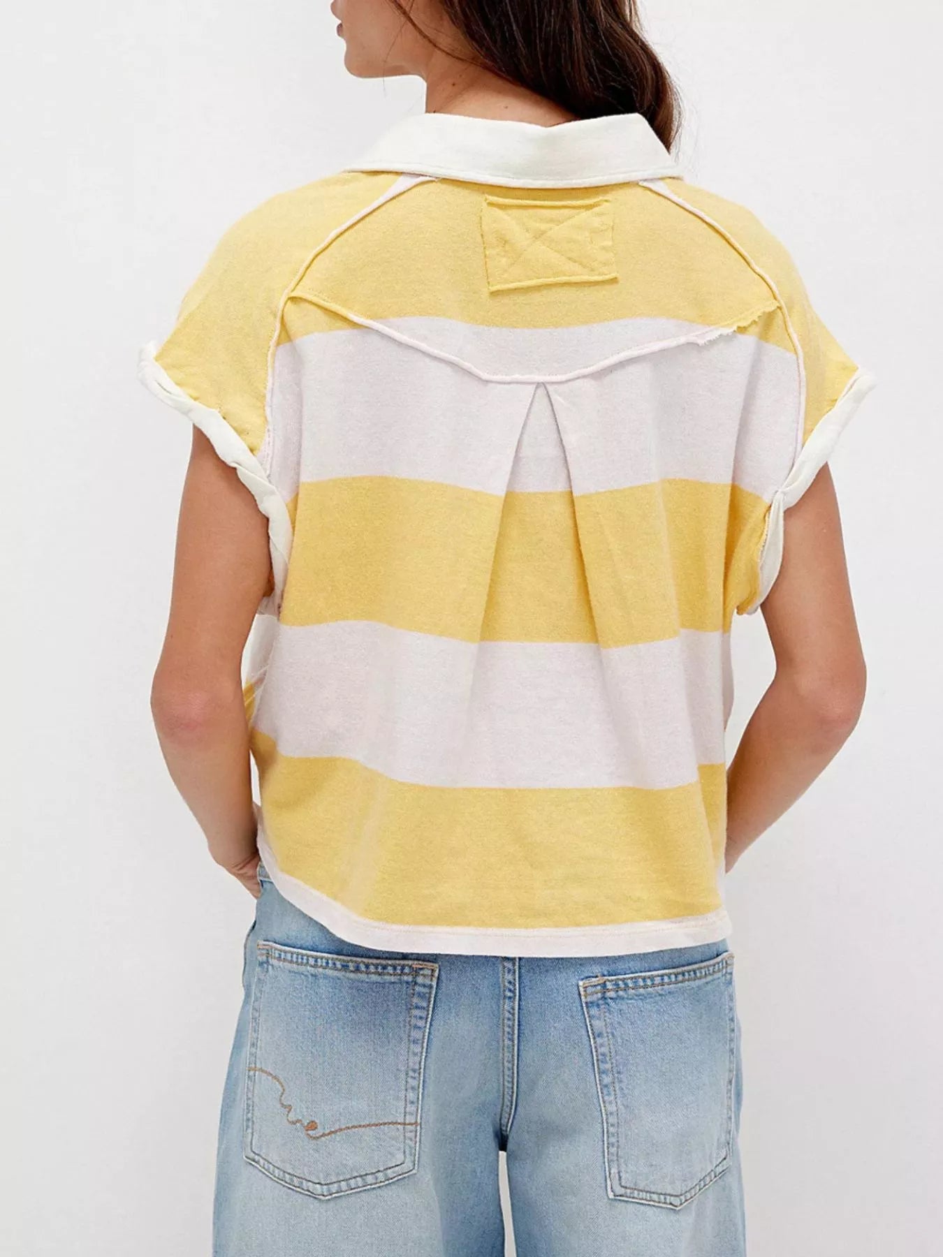 Half Button Striped Short Sleeve Cropped Polo Shirt