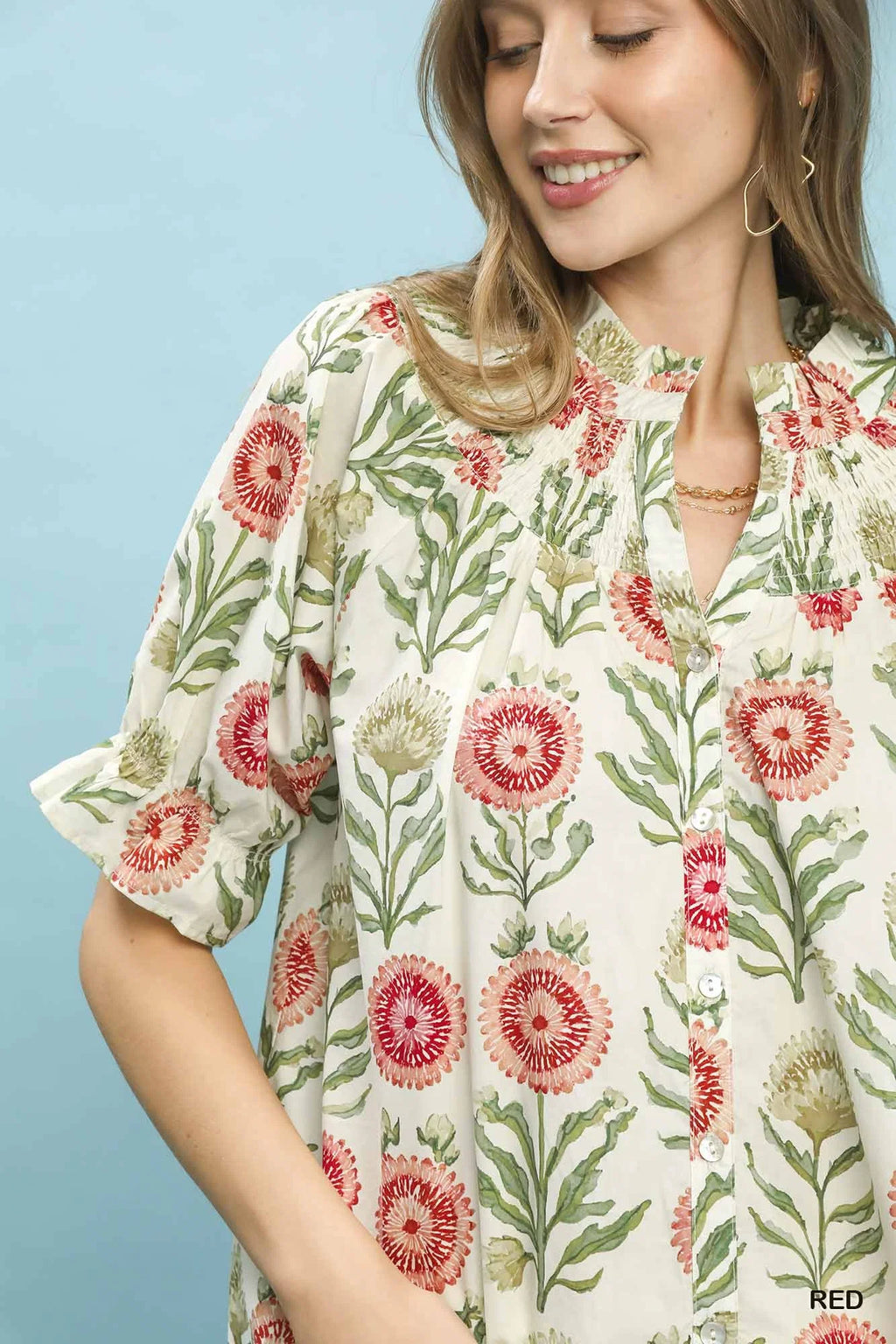 Umgee Floral Button-Front Short Sleeve Top