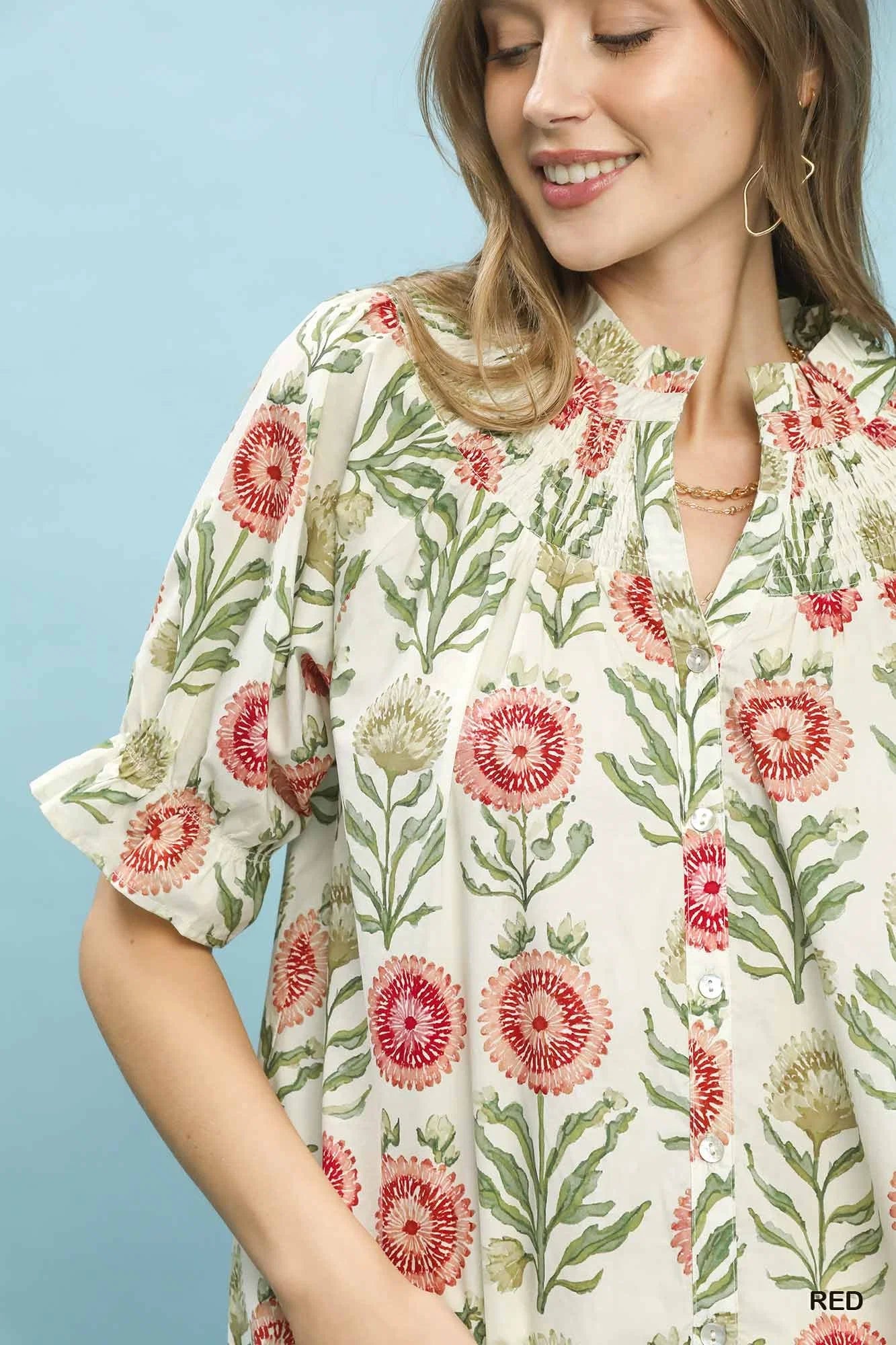 Umgee Floral Button-Front Short Sleeve Top