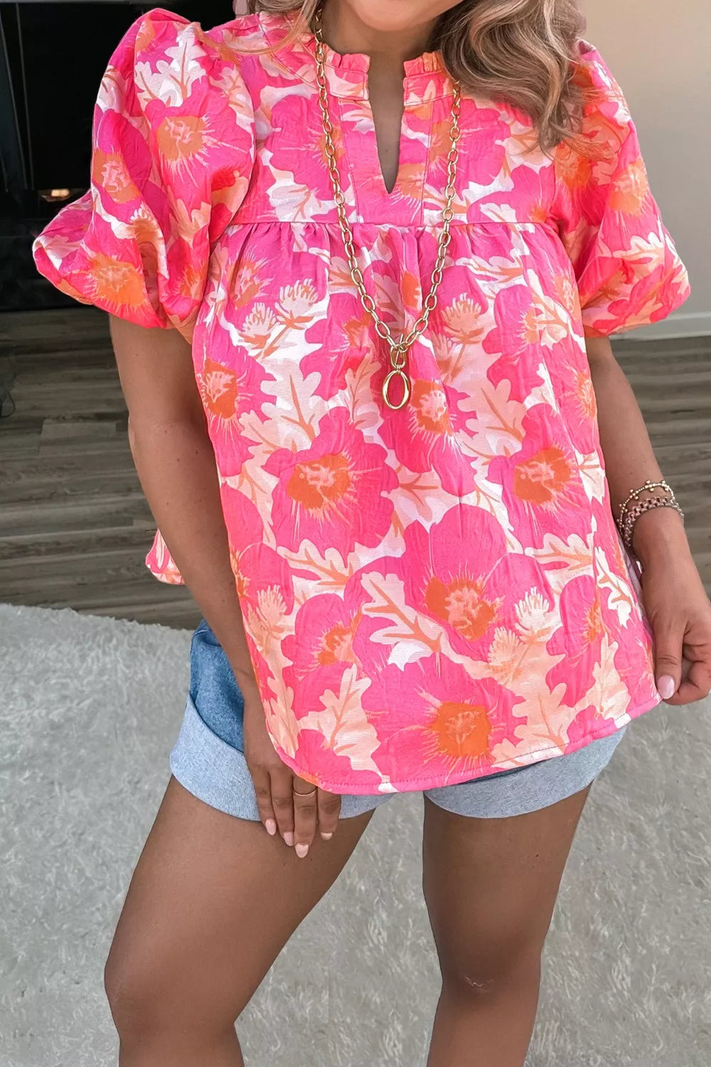 Short Bubble Sleeve Summer Floral Blouse