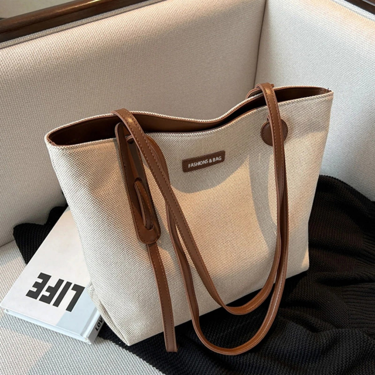 Leather Trim Canvas Shoulder Bag