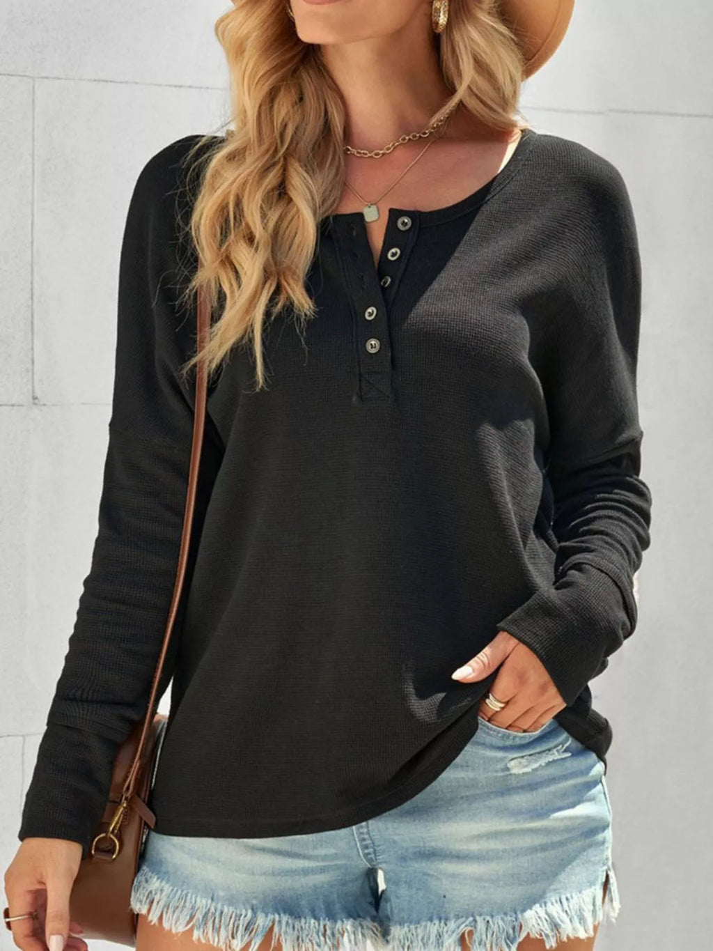 Waffle Knit Henley Top