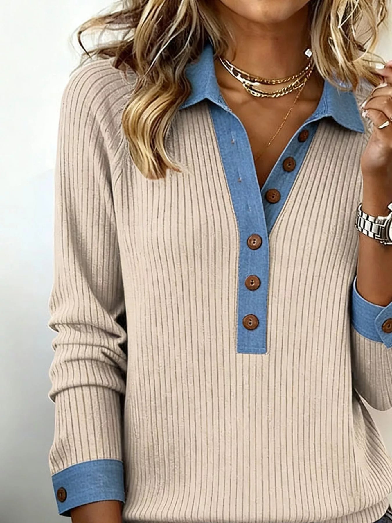Full Size Half Button Ribbed Long Sleeve Knit Top Plus Size