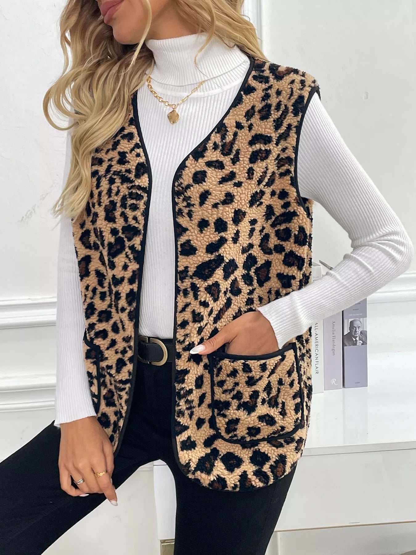 Leopard Fleece Vest Coat with Pockets