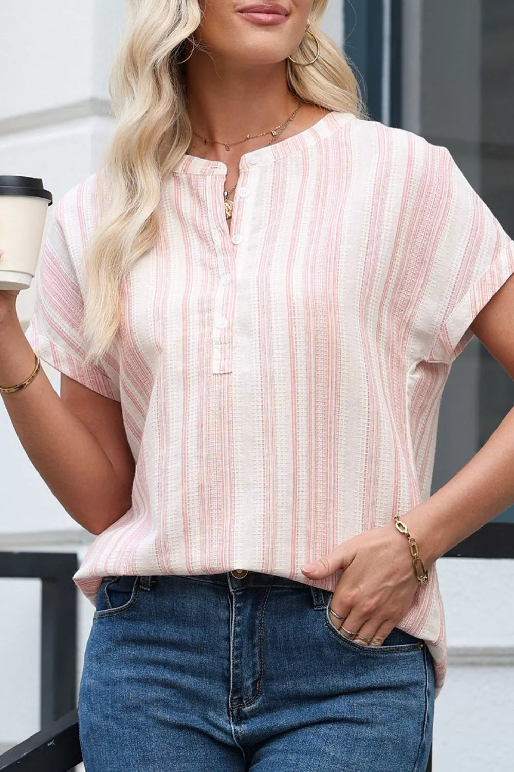 Striped Button Detail Short Sleeve Blouse