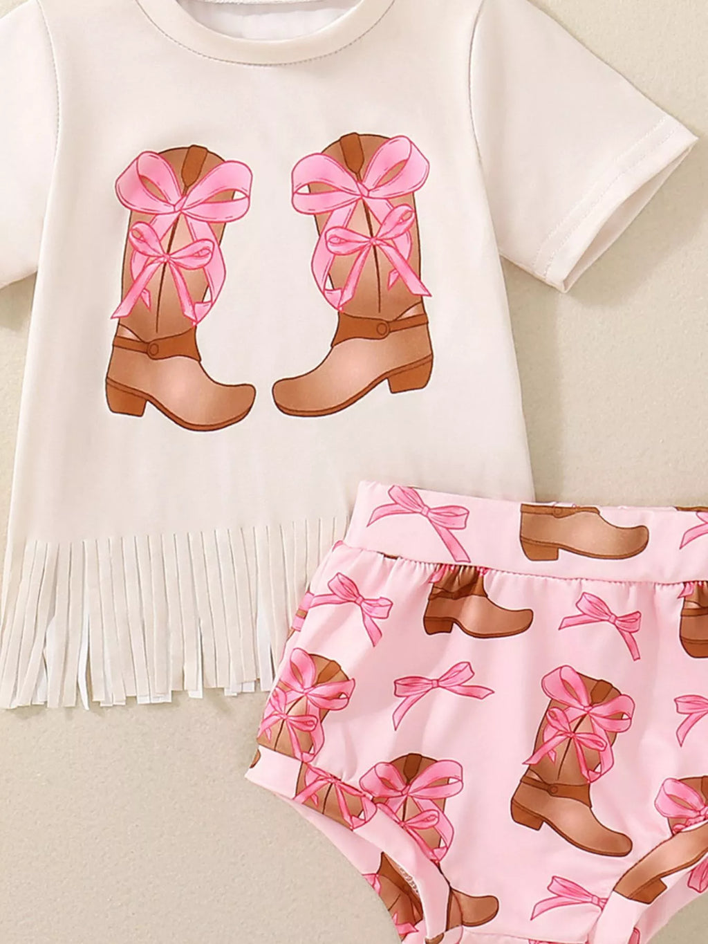Children's Cow Floral Graphic Fringe Tee and Shorts Set with Headband