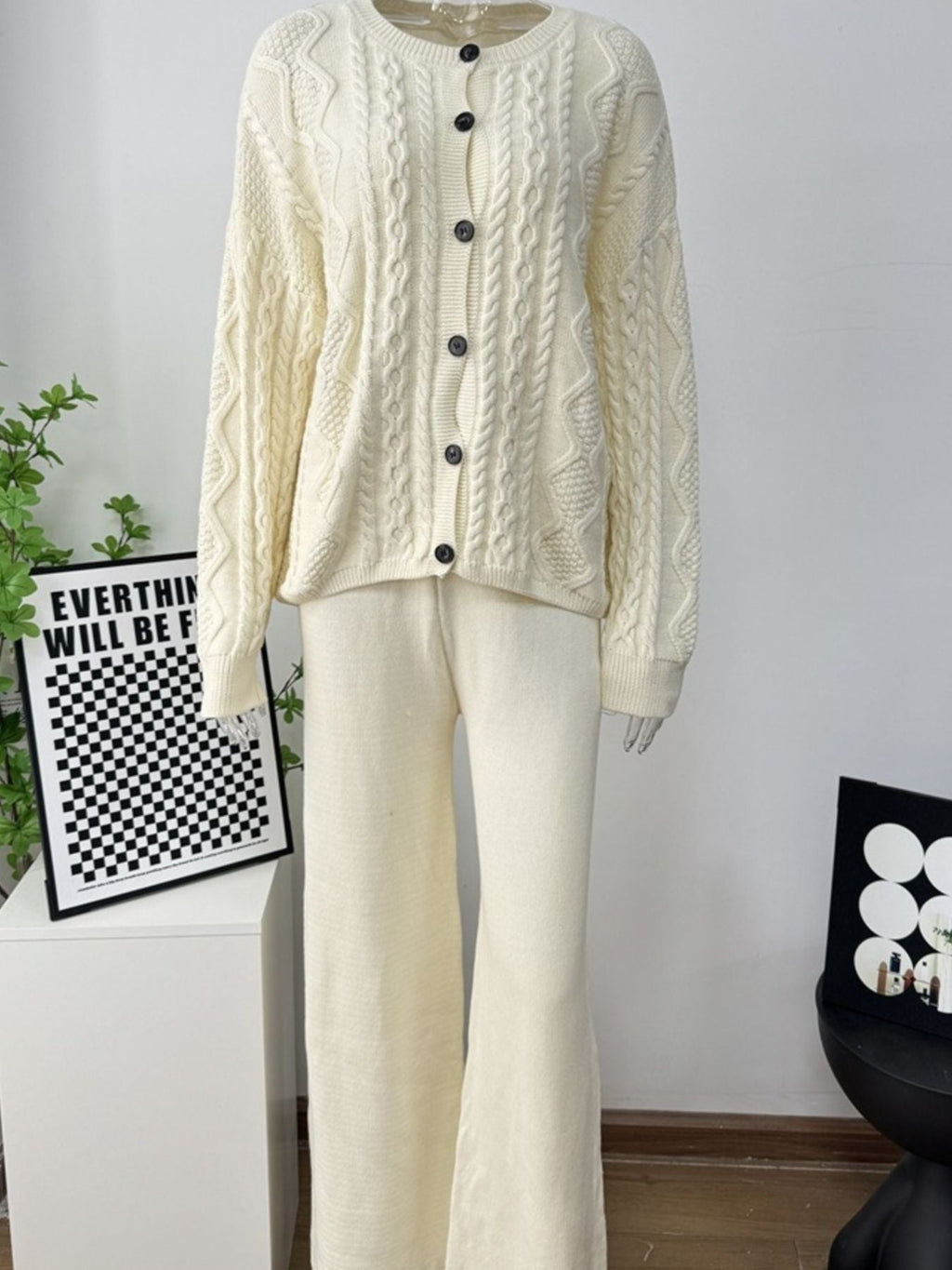 Cable Knit Cardigan & Wide Leg Pants Sweater Set