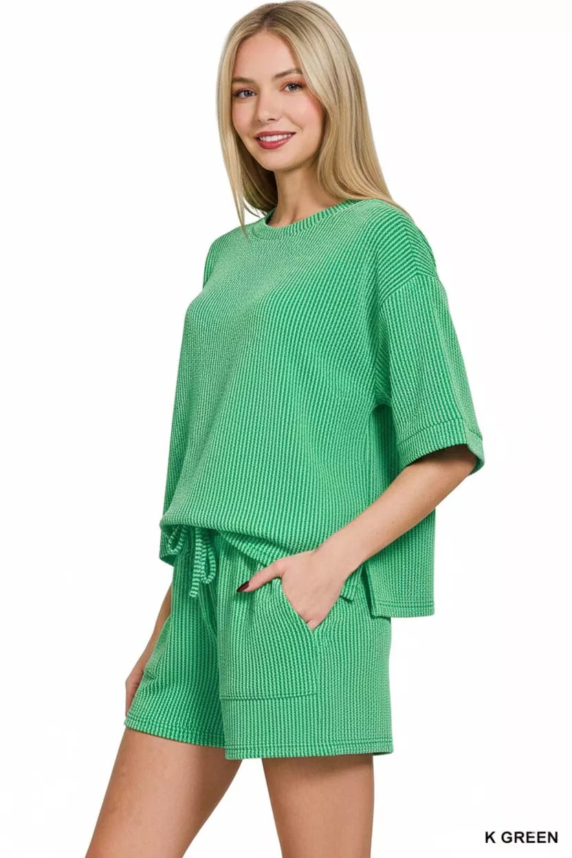 Zenana Raised Rib Short Sleeve Tee and Drawstring Shorts Set