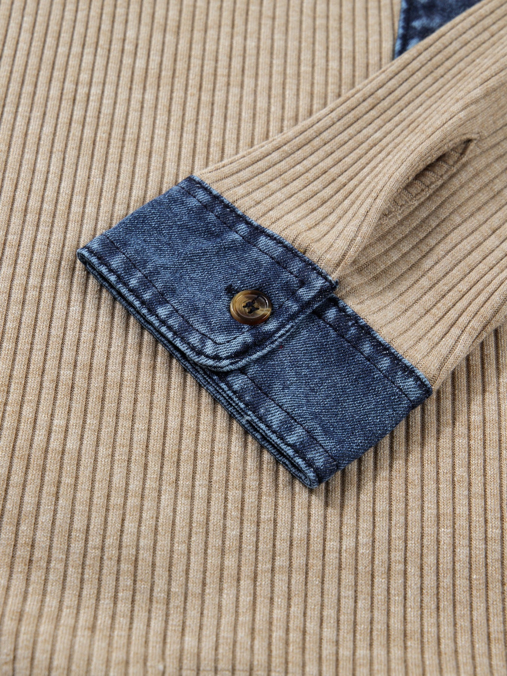 Ribbed Knit Denim Trim Button Detail Top