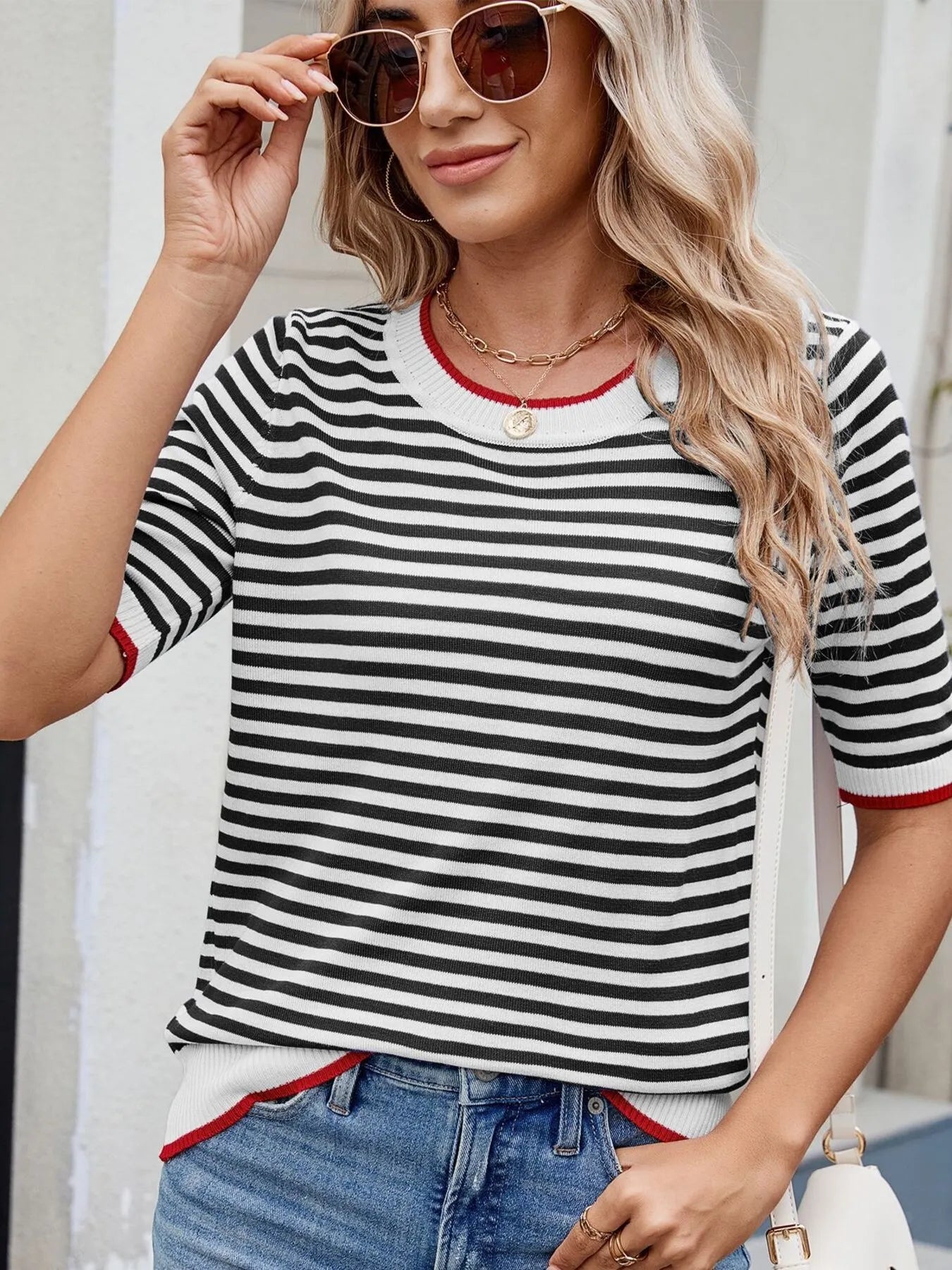 Striped Casual T-Shirt with Contrast Trim
