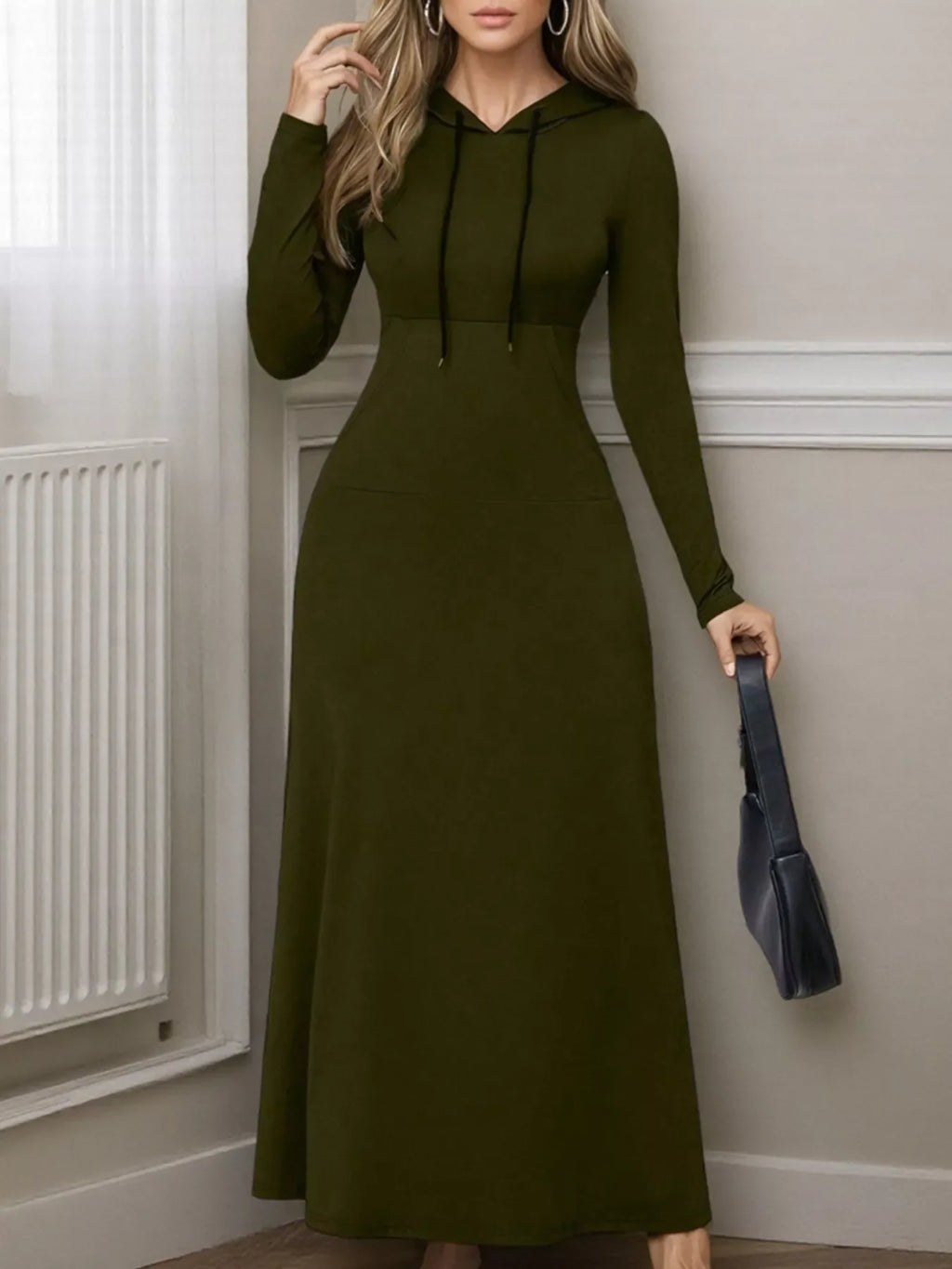 Drawstring Long Sleeve Hooded Maxi Dress