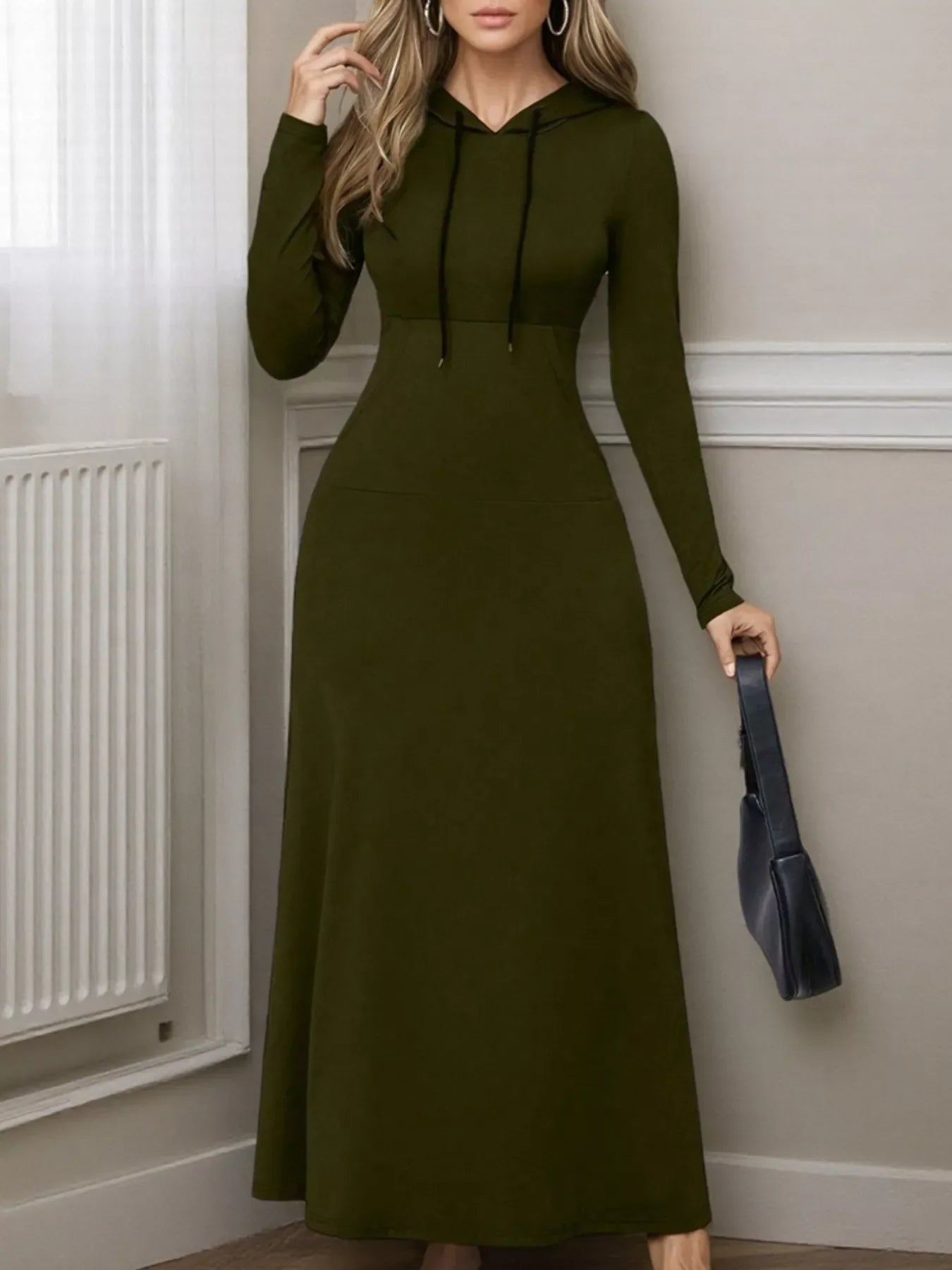Drawstring Long Sleeve Hooded Maxi Dress