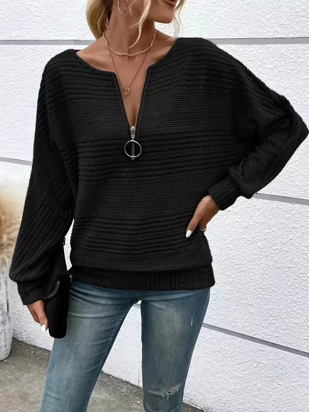 Ribbed Knit Quarter Zip Sweatshirt