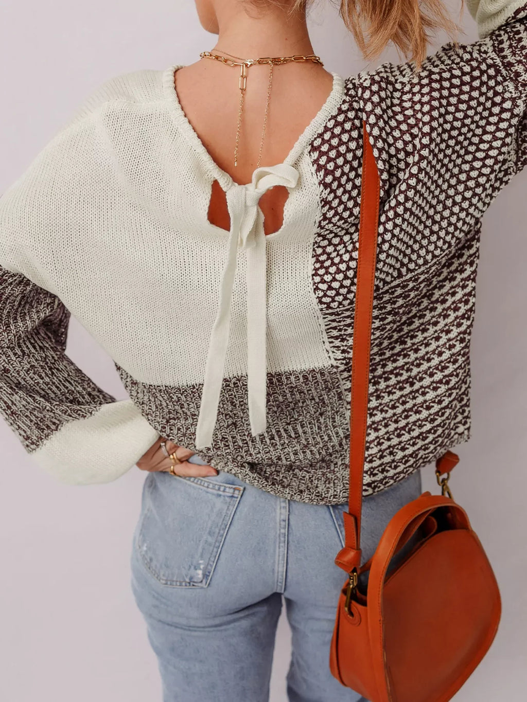 Color Block Back Tie Drop Shoulder Loose Sweater