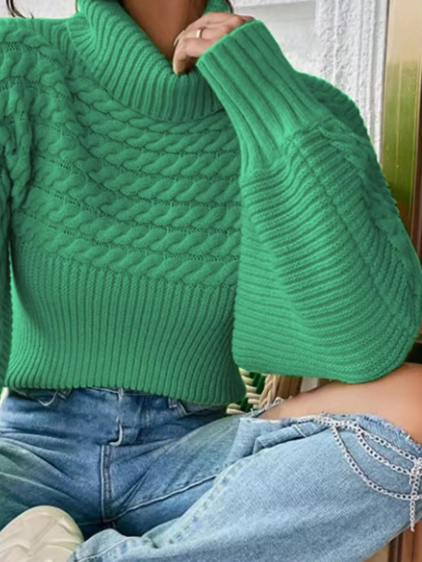 Textured Knit Turtleneck Long Sleeve Sweater