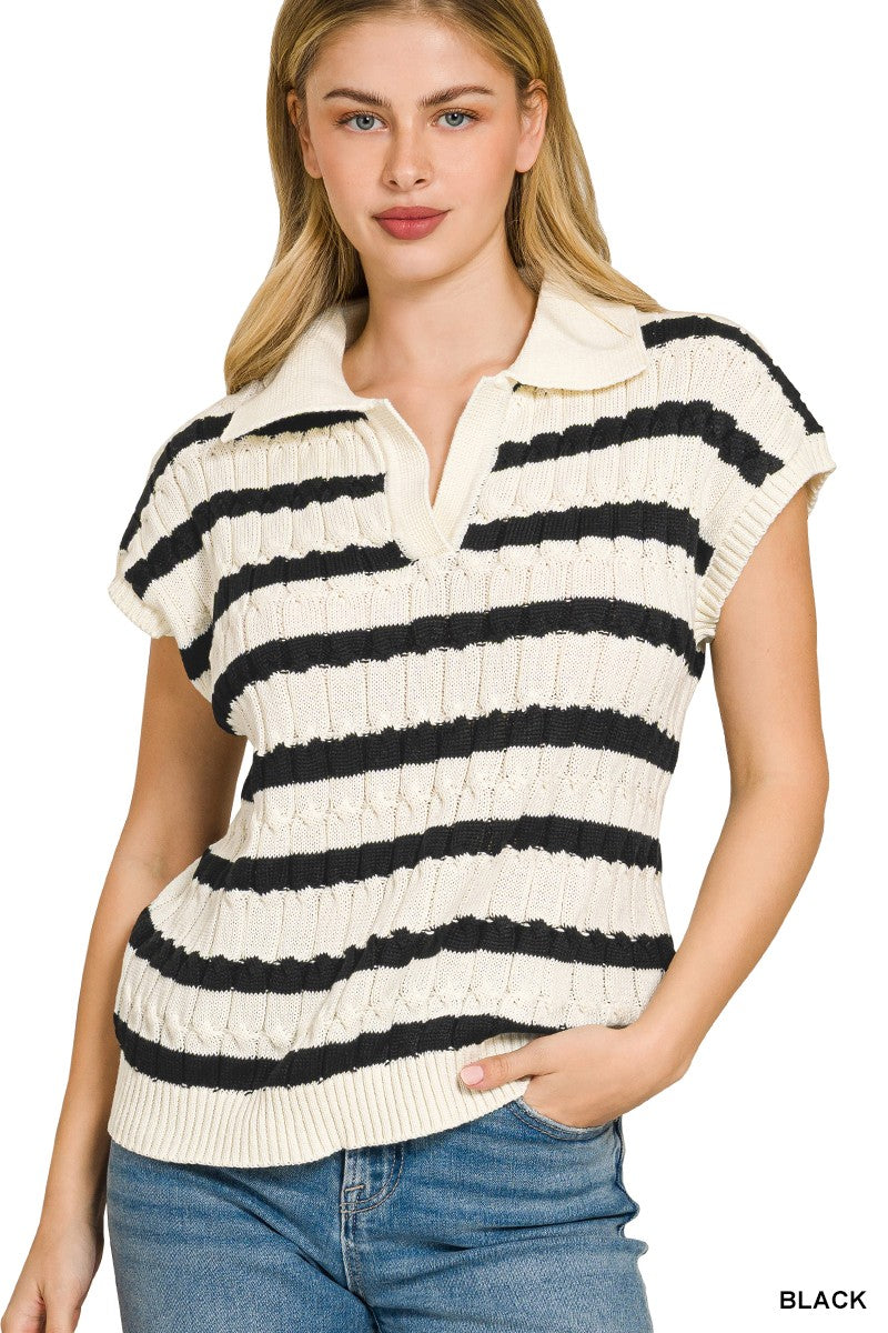 Zenana Textured Stripe Collared Sweater Vest